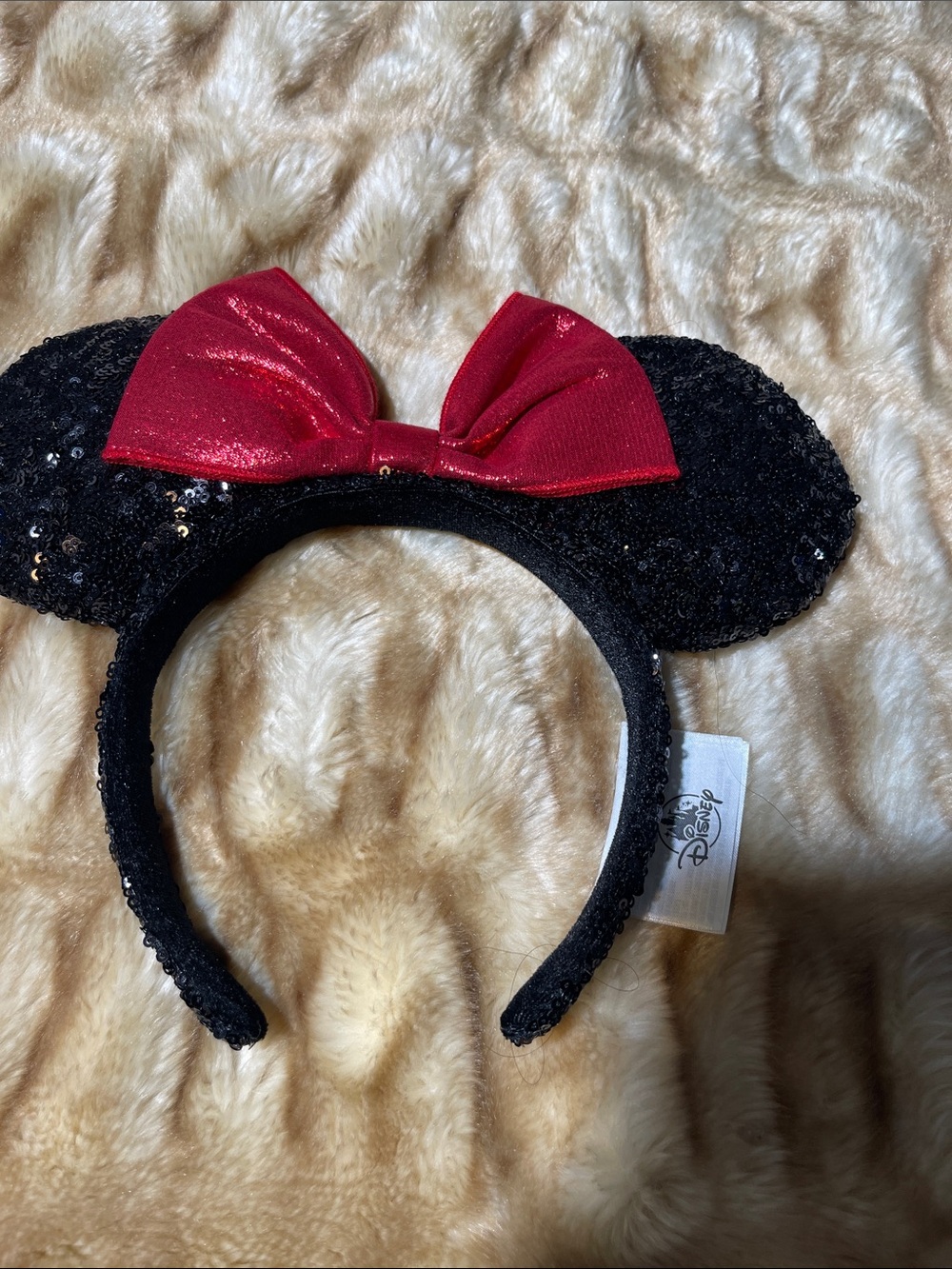 Disney Black Sequin Minnie Ear Headband with Shiny Red Bow